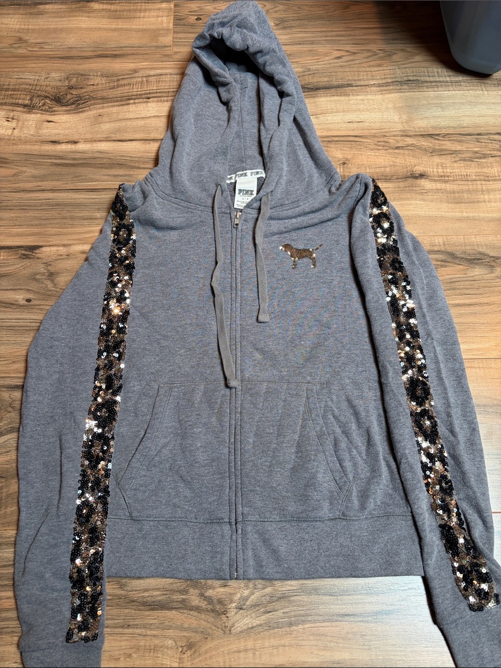 PINK Victoria's Secret Gray Hoodie with Sequined Black & Gold Trim